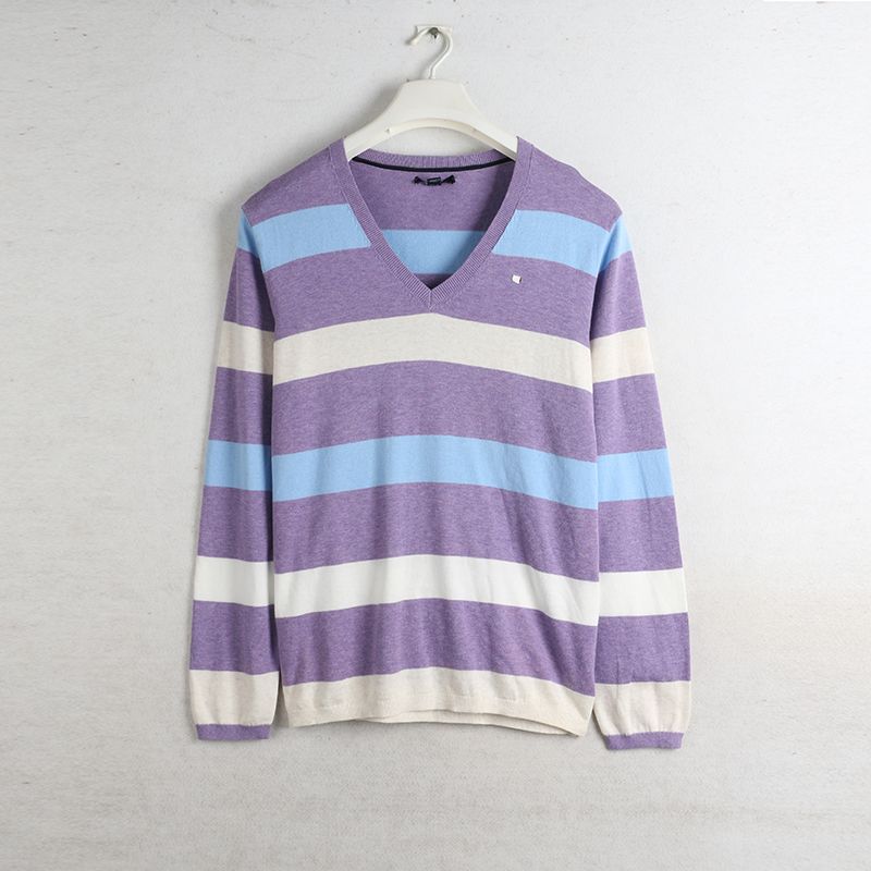 

Sunshine House New Arrival Export European and American plus Size Women s Clothes Pure Cotton V Neck Stripes Pullover Long Sleeve Sweater Knitwear Purple XXL: Bust size 120-126