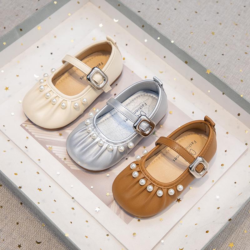 Girls' Pearl Princess Shoes, New Spring Korean Style Fashionable Versatile Children's Single Shoes, Solid Color Small Leather Shoes for Performances