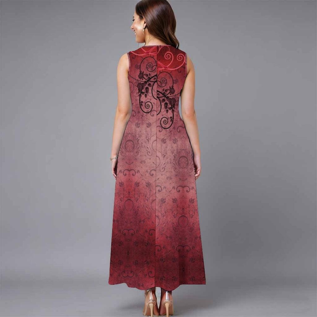 Oversized Ladies Sleeveless Round Neck Dress Soft Mixed Floral Printed Flowy Midi Gown