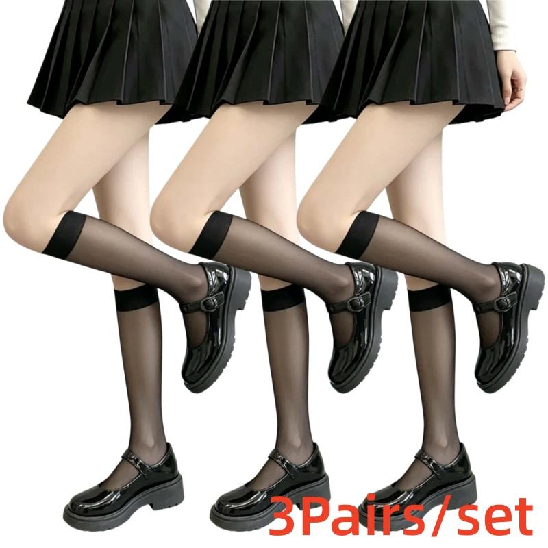 3pairs SET NEW Fashion Women's Ultra Thin Transparent Mid-Calf Glass Silk Socks Sheer Stockings for Women JK Lolita Gothic Girls