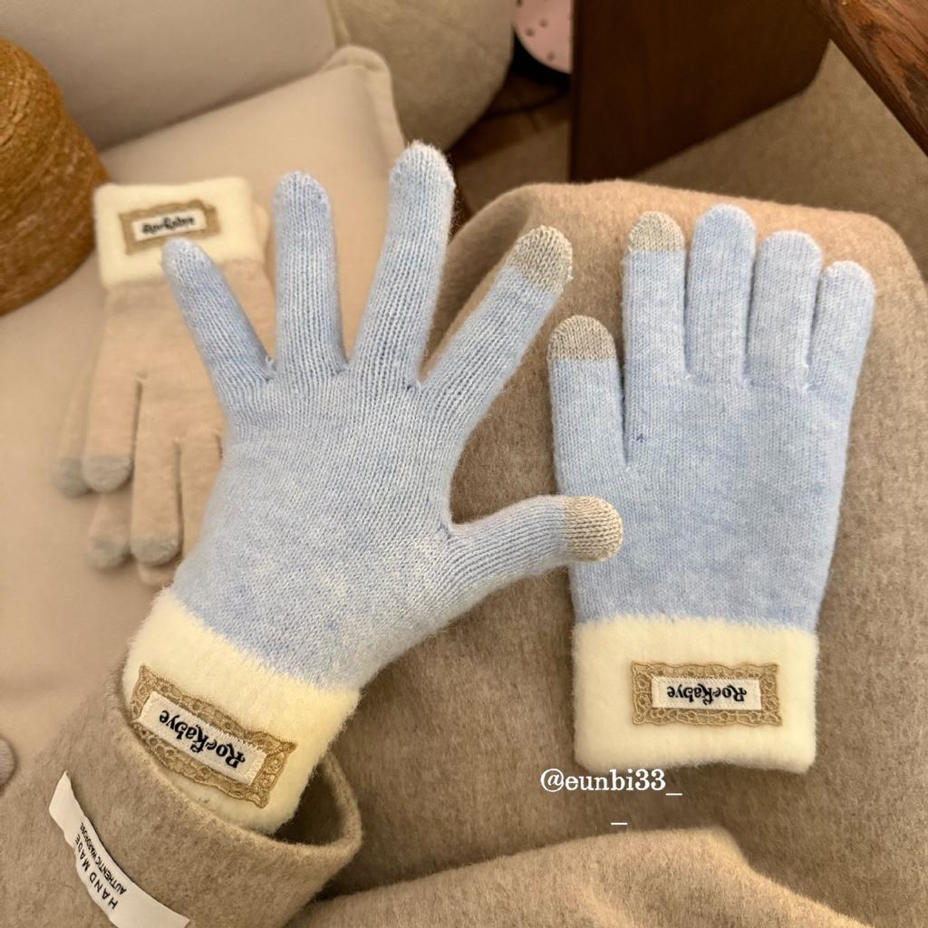 Cute Woolen Gloves for Women Plus Velvet and Thickening  Korean Style Low Saturation Cream Style Finger Gloves  Warm Five Finger Gloves