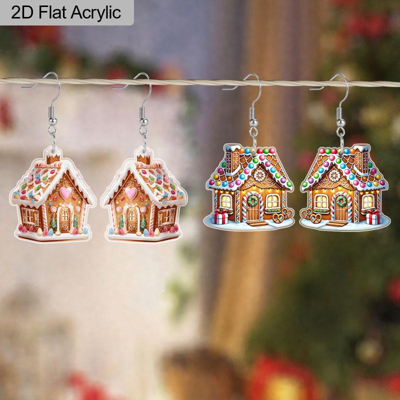 2D Flat 2pairs Christmas Candy House Acrylic Dangle Earrings, Perfect Gift for Women, Christmas Party Jewelry