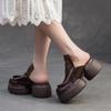 Johnature Roman Style Women's Slip-on Platform Shoes Genuine Leather Retro Round Toe Outdoor Slippers