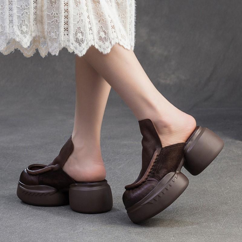Johnature Roman Style Women's Slip-on Platform Shoes Genuine Leather Retro Round Toe Outdoor Slippers