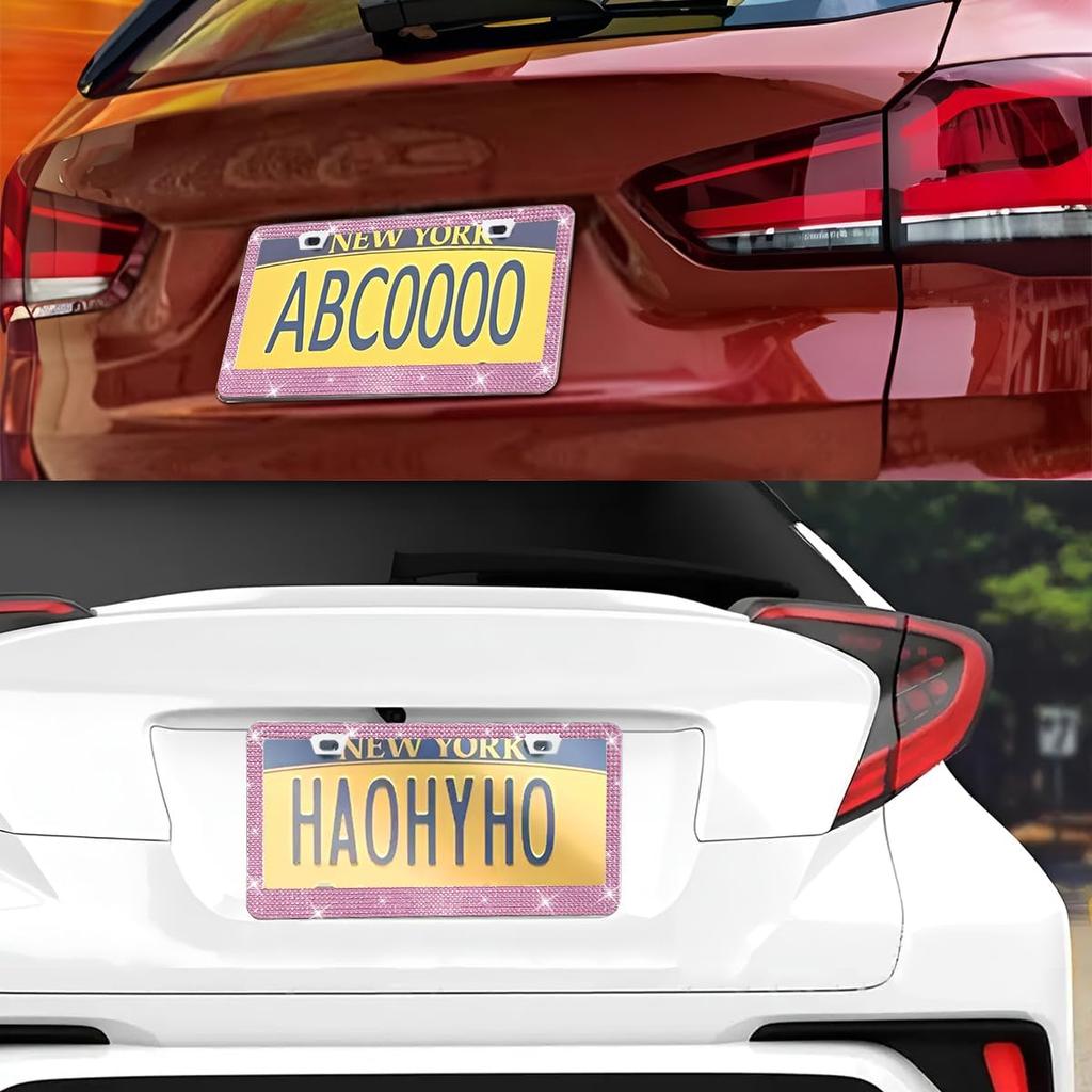 Bling Car License Plate Frame, 2PCS Crystal Sparkly Rhinestone Stainless Steel Vehicle License Plate Holder for Women Girl, Diamond Automotive