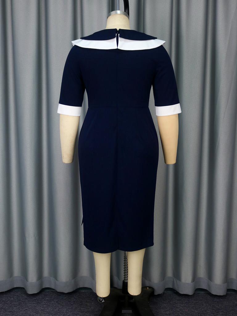 Elegant Navy Blue Midi Dress for Women Contrast Collar Half Sleeve Bodycon Style with Decorative Fold Church Wedding Guest Formal Office Wear