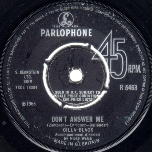 

7inch Record CILLA BLACK - Don t Answer Me R5463 Parlophone 1966 UK Soul/Funk Used