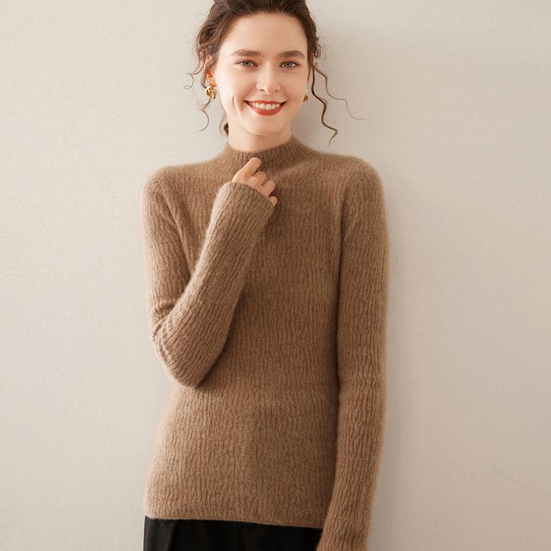 Women's Soft Cashmere Lychee-Pattern Knit Sweater - Half-High Collar, Slim-Fit, Perfect for Autumn and Winter Layers