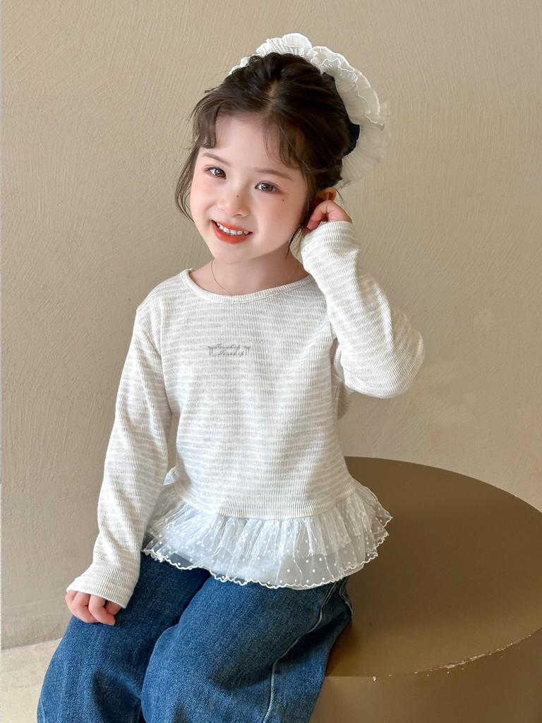 2025 Fashionable Long Sleeve Lace T-shirt for Girls' Spring & Autumn