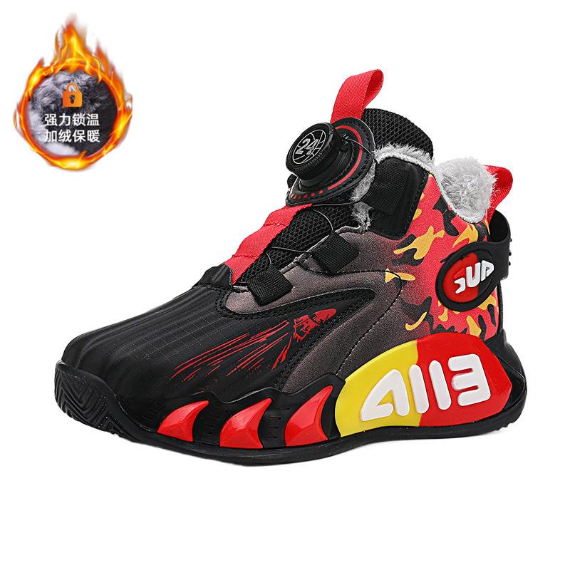 Children's basketball shoes Boys' winter velvet warm new large cotton cold-proof button sports shoes leather boys running shoes