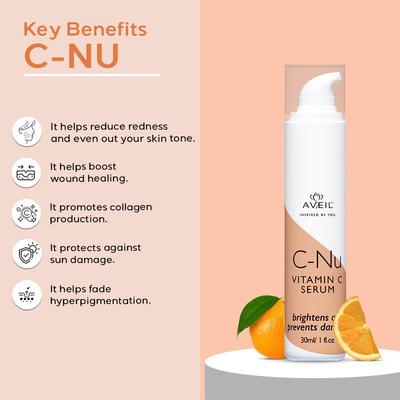 AVEIL C-Nu Vitamin C Face Serum - 30ml | Skin Rejuvenation | Hydrates & Improves Skin Texture | Stable Vitamin C Face Serum for Radiant Glowing Skin