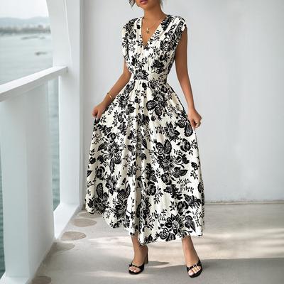 2025 New Retro Elegant Style Black and White Flower Print V-neck Sleeveless Dress