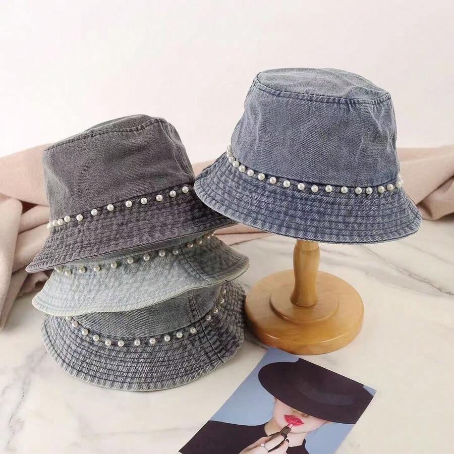 Korean Style Denim Bucket Hat With Pearl Trim For Women Vintage Streetwear Short Brim Sun Hat