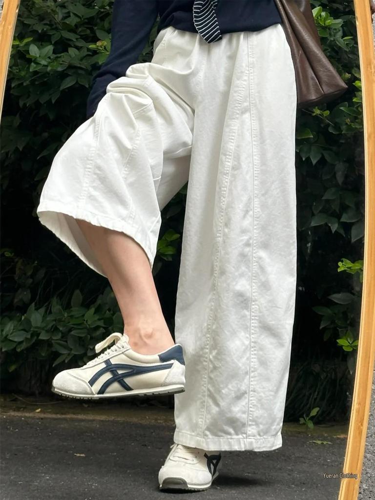 Women's Japanese-Style White Casual Wide-Leg Pants, Plus Size, Loose Drapey Nine-Tenth Balloon Design for Chubby Girls - 2026 Collection