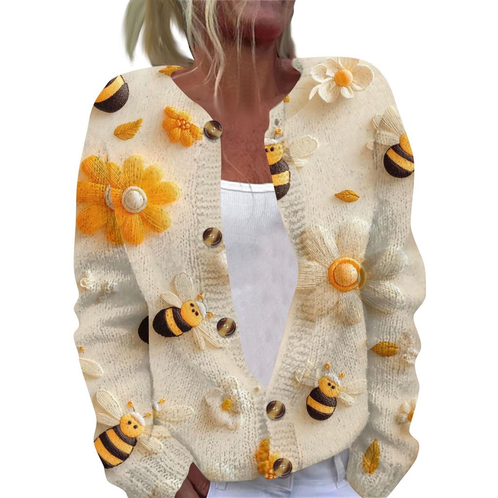 Womens Casual Vintage Floral Print Long Sleeve Cardigan Button Front Lightweight Knit Sweater Jacket
