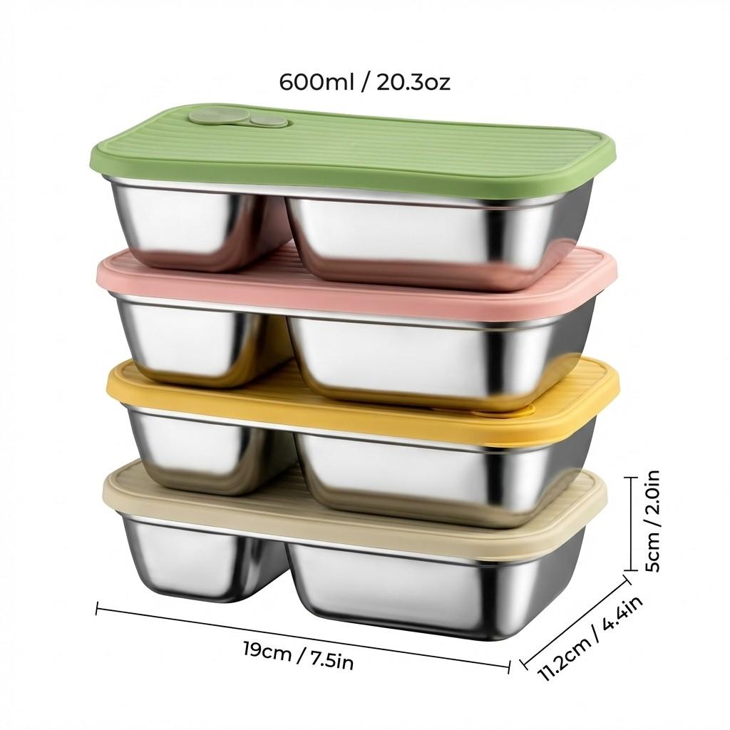 Portable Lunch Box Outdoor Picnic 1/2 Grids Large Capacity Fruit Salad Food Storage Container 304 Stainless Steel Bento Box