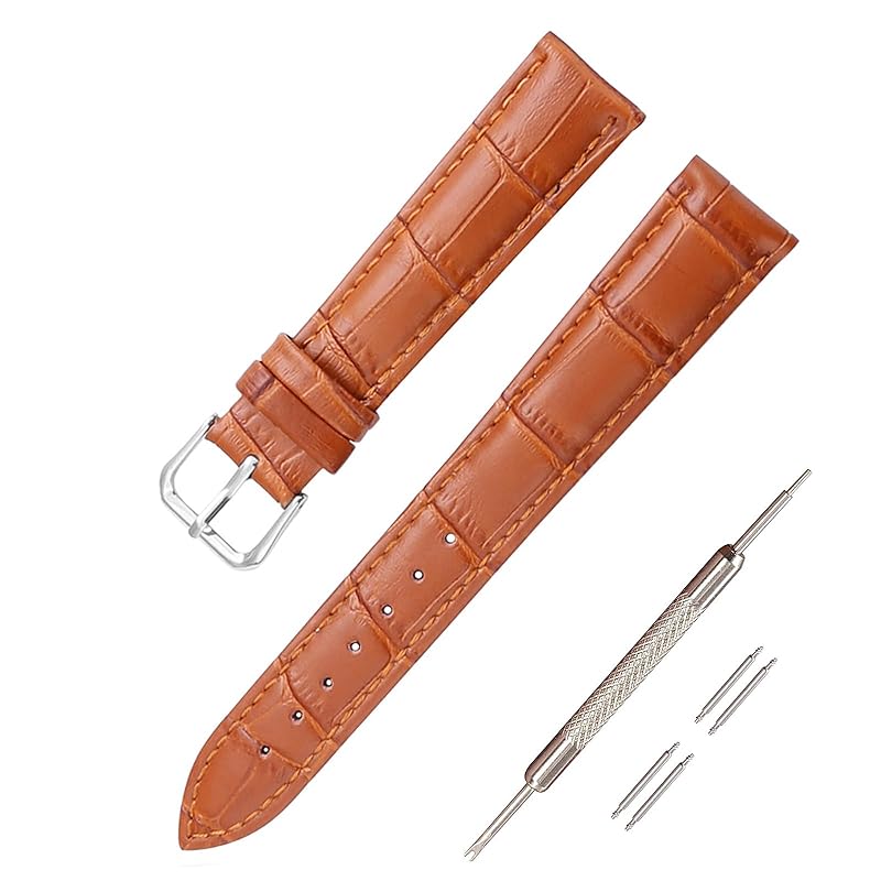 

[Jumpsunfun] watch band genuine leather watch strap Crocodile Embossed Leather Watch Strap watch replacement belt 15mm/light brown (instruction