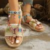 Women Ethnic Style Beaded Toe Loop Sandals Woven Straw Sole Flat Beach Shoes with Decorative Ankle Strap and Embellishments