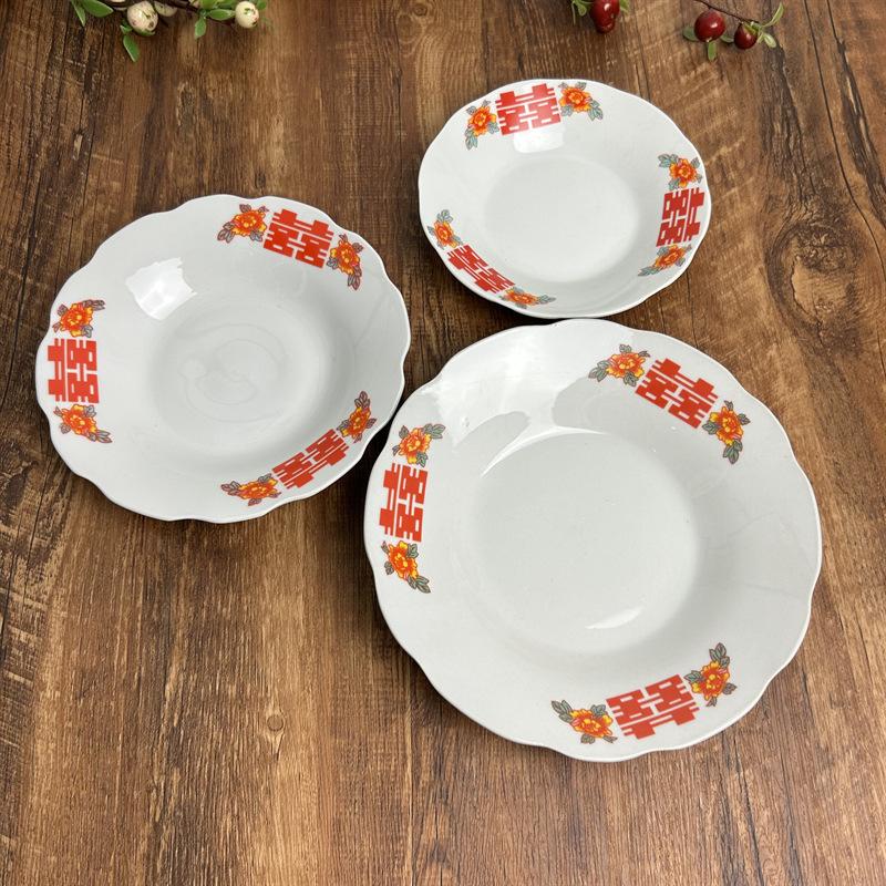 Vintage Double Happiness Plate Retro Dish for Snacks Fruits Hotpot Chinese Style Tableware