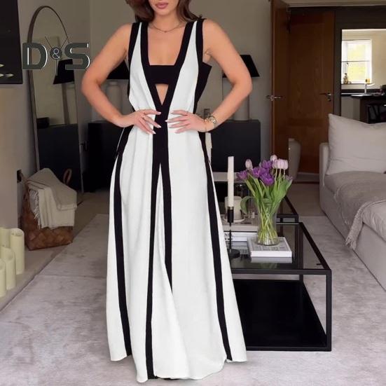 

Летнее женское платье с v-образным вырезом трапециевидной формы без рукавов по цвету, свободный большой свободный пуловер, повседневная повседневная одежда, мини-платье L черный белый