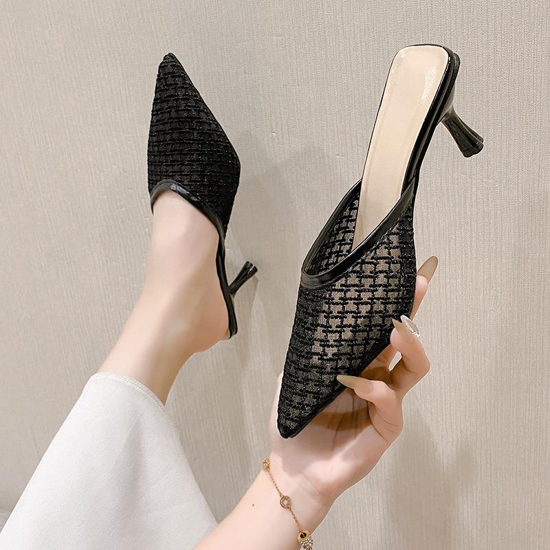 Summer Bag Head Half Drag Women Wear Thin Heels Retro Mesh High Heels Cool Slippers Pointed Shoes Women