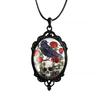 Gothic Black Oval Baroque Lace Painting Crow Skull Glass Pendant Leather Rope Chain Necklace for Women Men Hallowmas Jewelry
