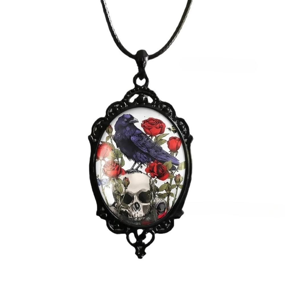 Gothic Black Oval Baroque Lace Painting Crow Skull Glass Pendant Leather Rope Chain Necklace for Women Men Hallowmas Jewelry