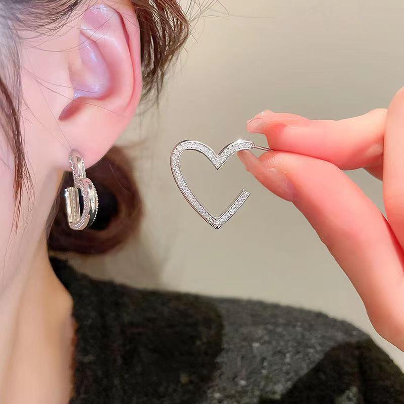 Exaggerated European & American Heart Hoop Stud Earrings with Full Diamond Drops – Super Shiny Trendy Ear Accessories