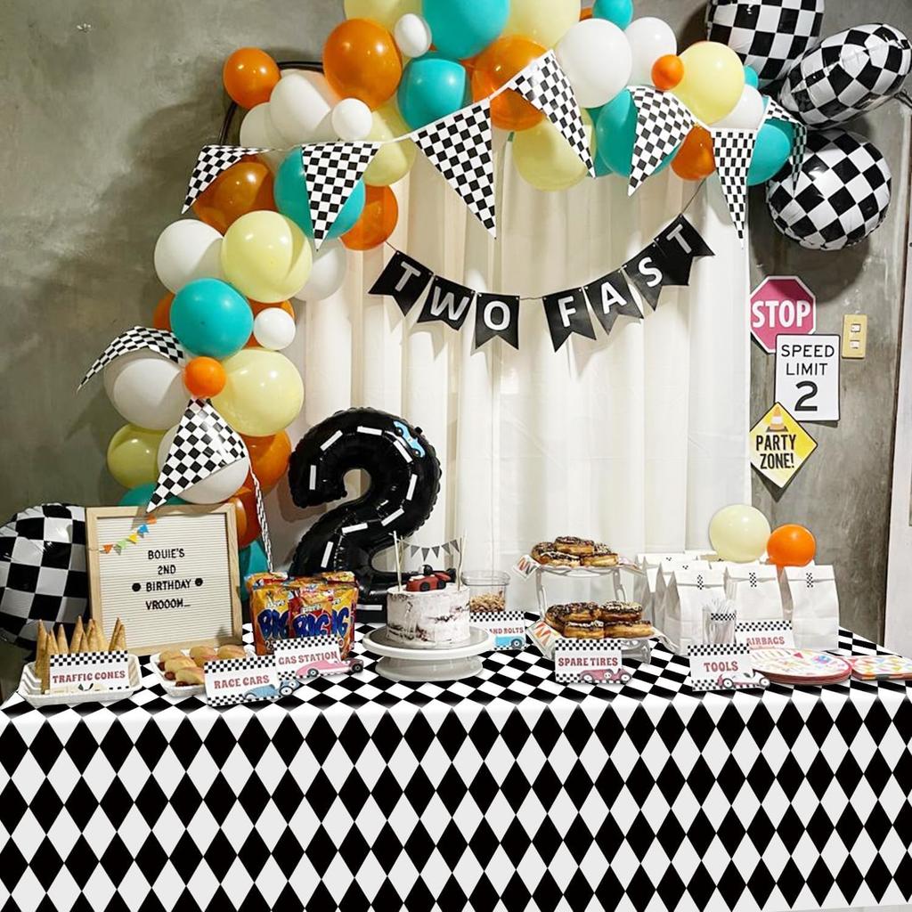 4 Pack Black and White Checkered Tablecloths, Plastic Gingham Table Cover Alice Tablecloths for Racing Theme, Halloween, Wonderland Party, Classic