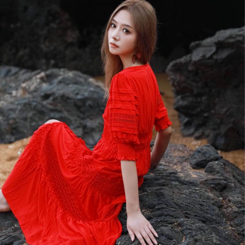 Красное летнее платье с V-образным вырезом, в стиле ретро, приталенное, пляжное, с длинным рукавом, 2025 M