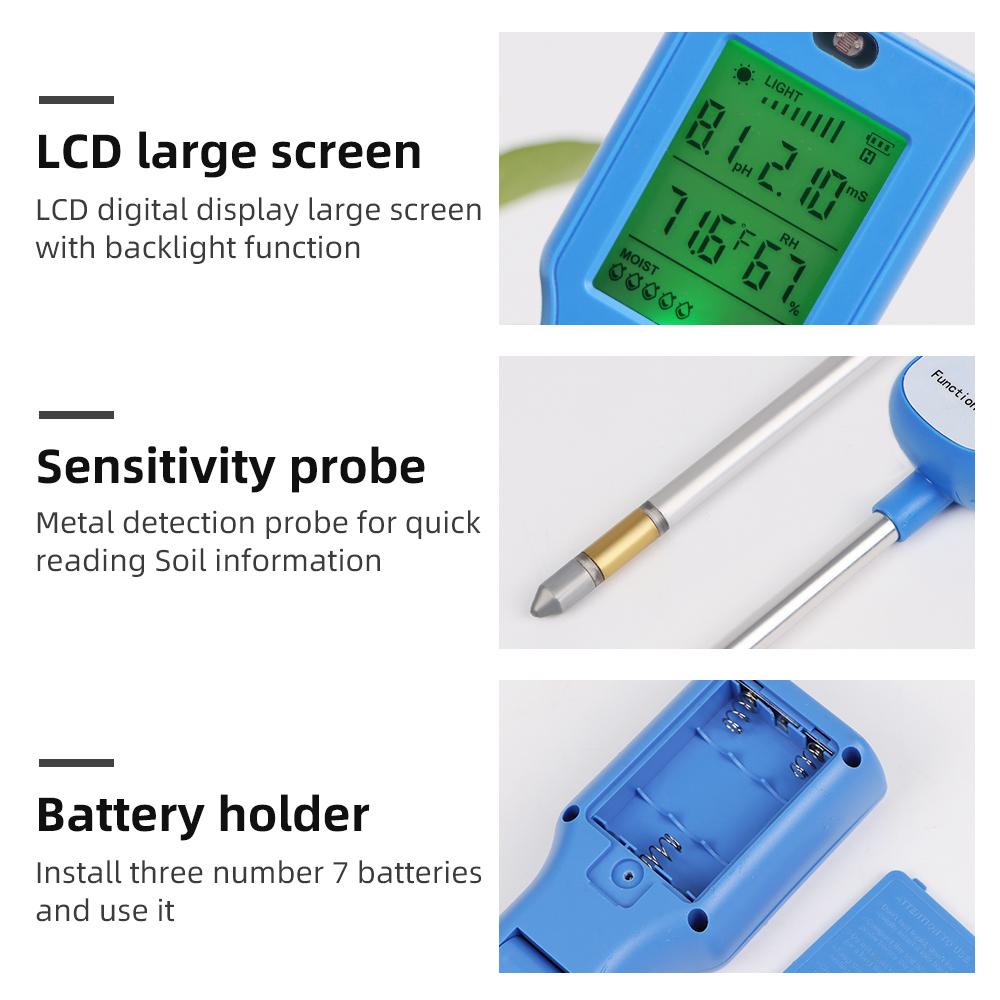 Yieryi 6 In 1 Soil PH Meter Moisture Temperature Light EC Fertility Tester Digital Garden Plant Soil Detector for Vegetable Farm