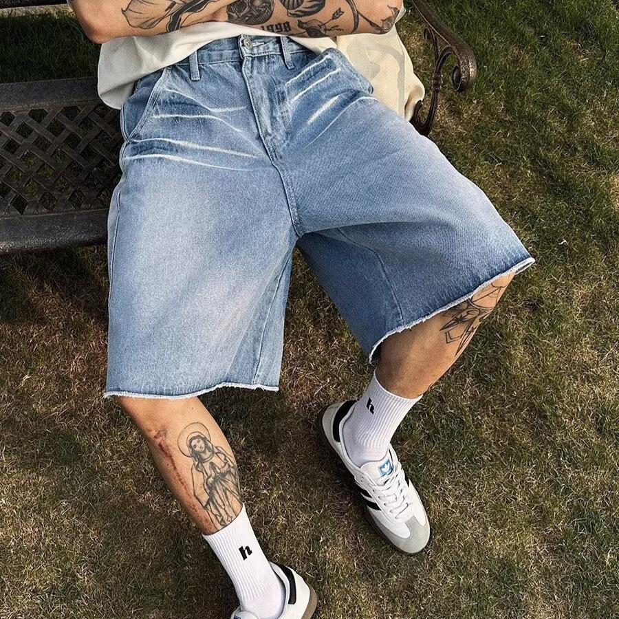 American Retro Washed Cat Whisker Pattern Burr Edge Straight Jeans Men's and Women's High Street Loose Casual Five-point Pants
