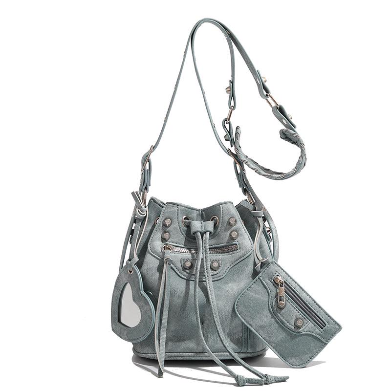 2024 Women's Summer Bucket Bag Set: Fashion Drawstring, Rivet Design, with Wide Shoulder Strap and Messenger Bag.