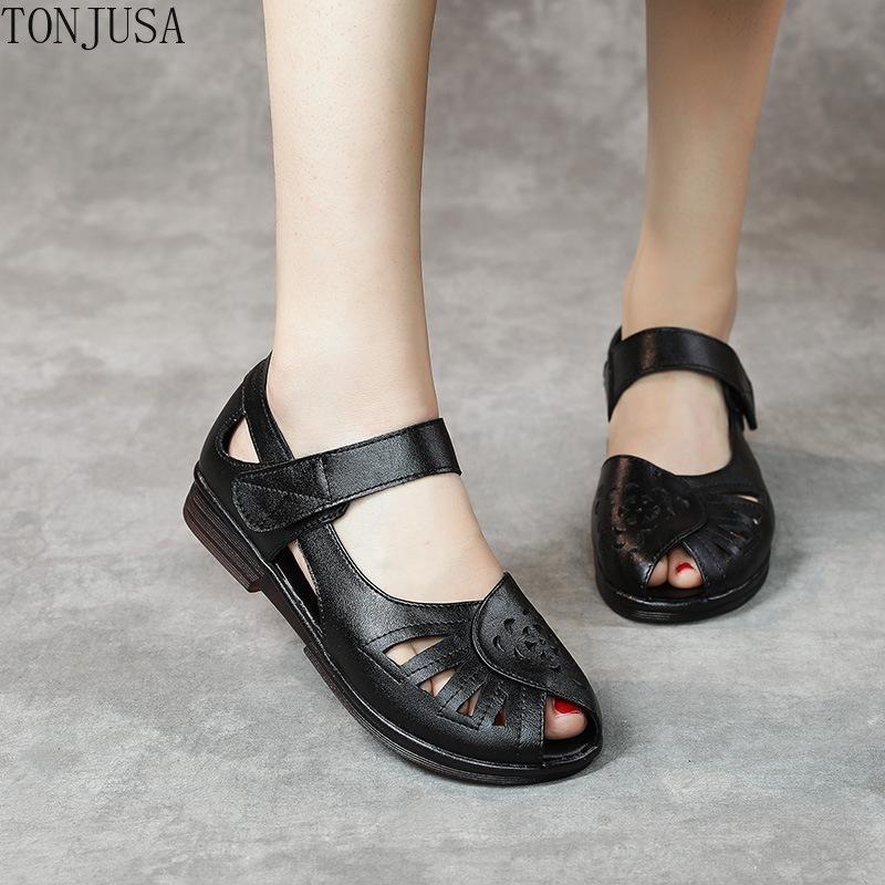 Középkorú Nők Divat Alkalmi Nyári Őszi Lapos Valódi Bőr Kerek Orrú Kivágott Szandál