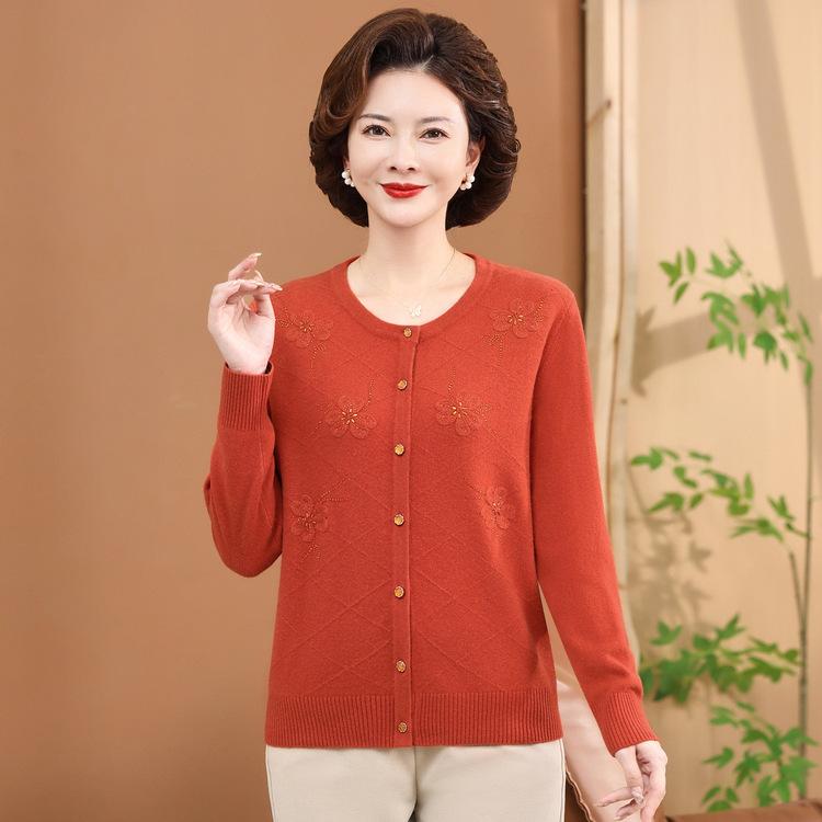 Thin Middle-aged Women's Outer Shirt Middle-aged and Elderly Women's Spring and Autumn Cardigan Mother Jacket Long-sleeved Top