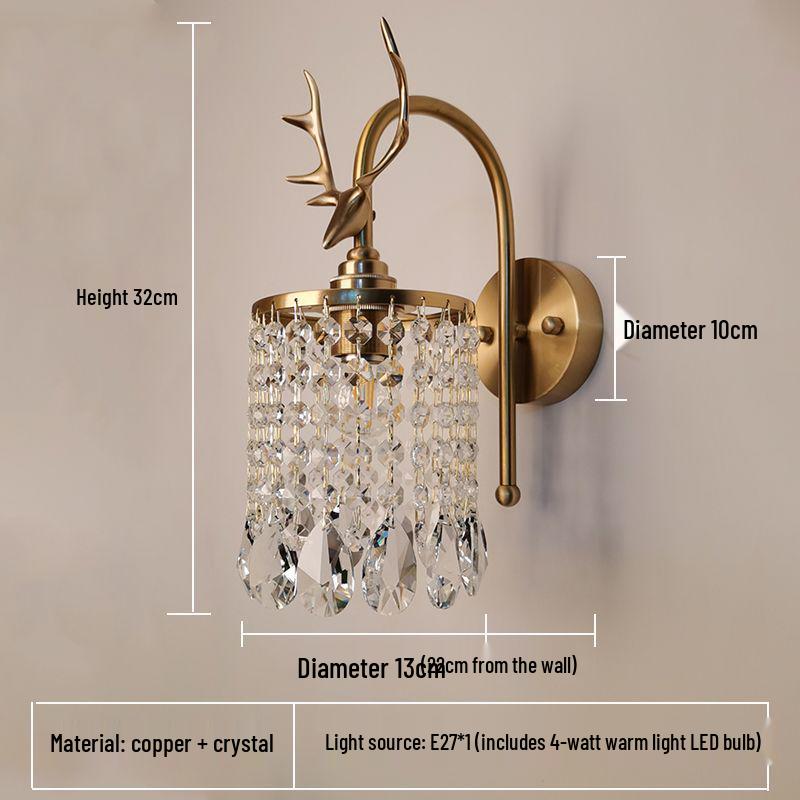 Luxury All-Copper Retro Crystal Wall Lamp with French Deer Design for Living Room and Bedroom