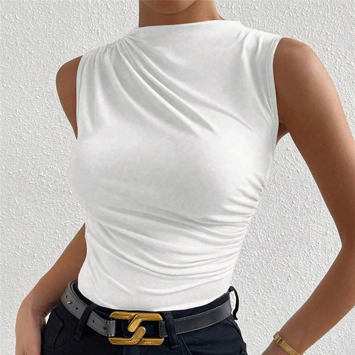 Ladies Summer Sleeveless High Collar Solid Color Pullover Casual T Shirt Vest Top