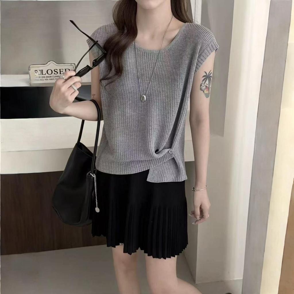 Lyocell Puff Sleeve Slimming Linen Knit Sleeveless Women's T-Shirt