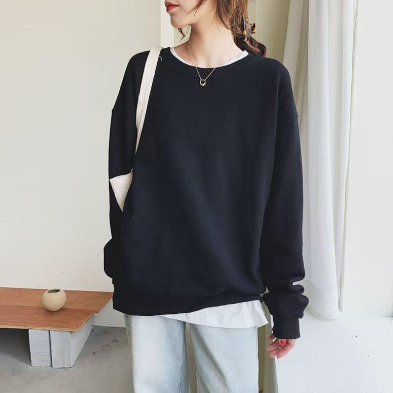Spring Autumn New Style Loose Crew Neck Pullover Hoodie Women Oversize Unhooded Solid Color Fashion Versatile Base Shirt Top