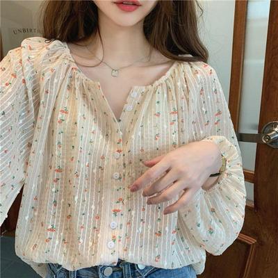 Gentle Elegant Long-sleeved Floral Shirt Women's Spring Summer French Sweet Top