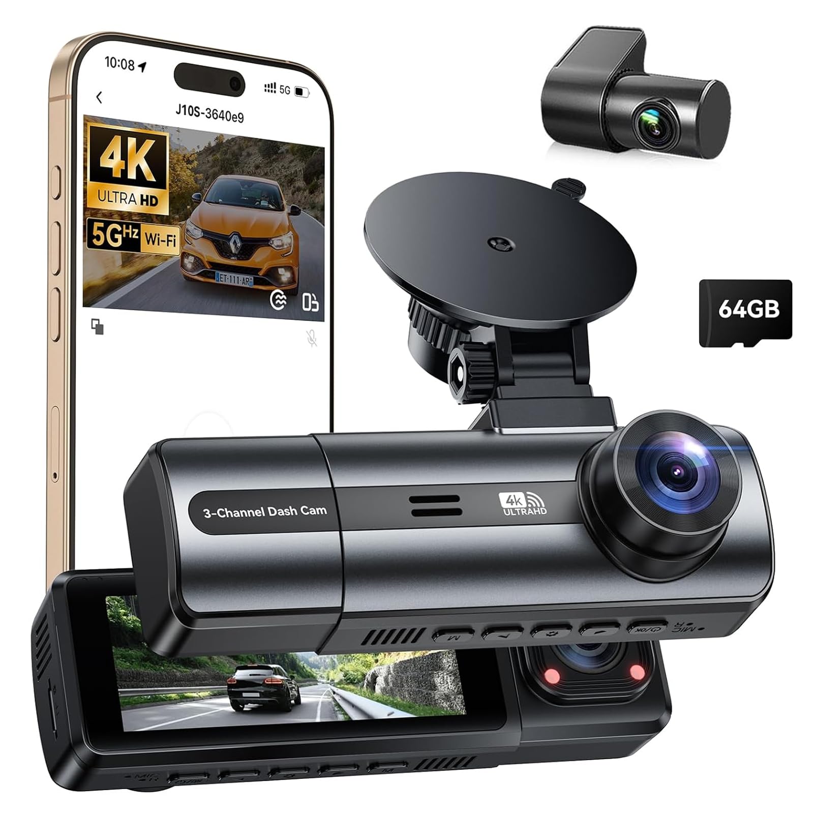 

ZAIDER Dashcam with Front and Rear 3 Cameras for Simultaneous 4K Compact Impact Emergency Night LED Traffic Light Overwrite Backup Rear Easy 64GB