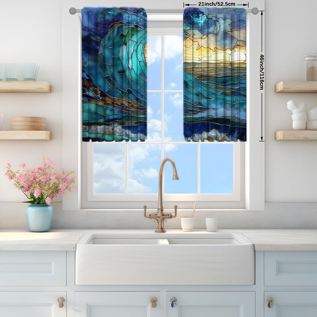 2 Panels Stained Glass Wave Pattern Decorative Curtains   Semi Transparent Without Lining   Durable Polyester Fiber Curtains