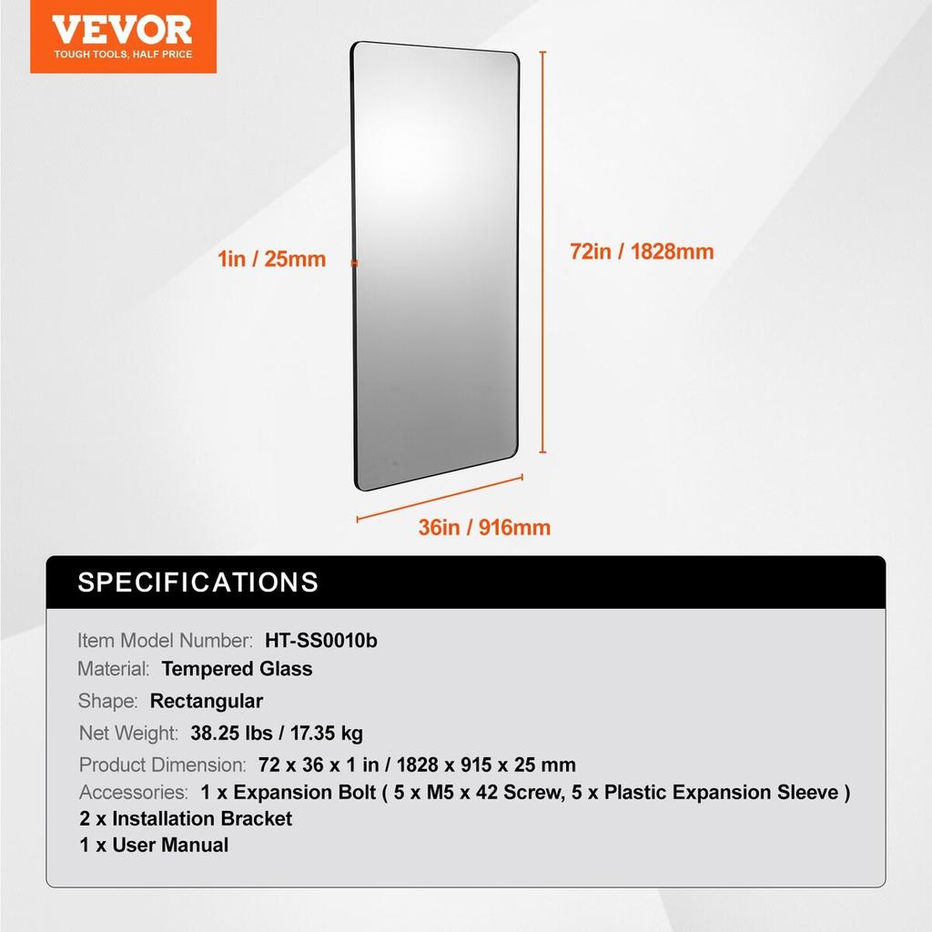 Square Wall Mounted Mirror 36" x 72" Mirror with Aluminium Alloy Frame