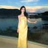 Madai Kota Kinabalu Seaside Travel Beautiful Yellow Tube Top Dress Female Sexy Backless Word Holiday Dress
