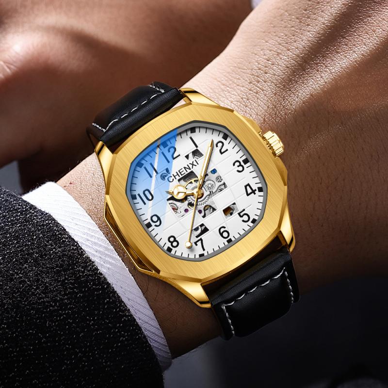 

Механические часы с турбийоном, модные деловые часы, мужские кожаные светящиеся наручные часы чёрный