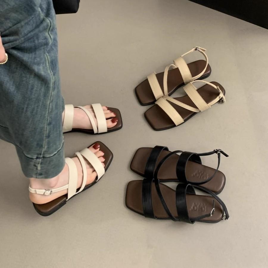 Open-toed sandals women's summer wear 2025 new Korean version retro fairy style one-word buckle belt soft flat-soled Roman shoes