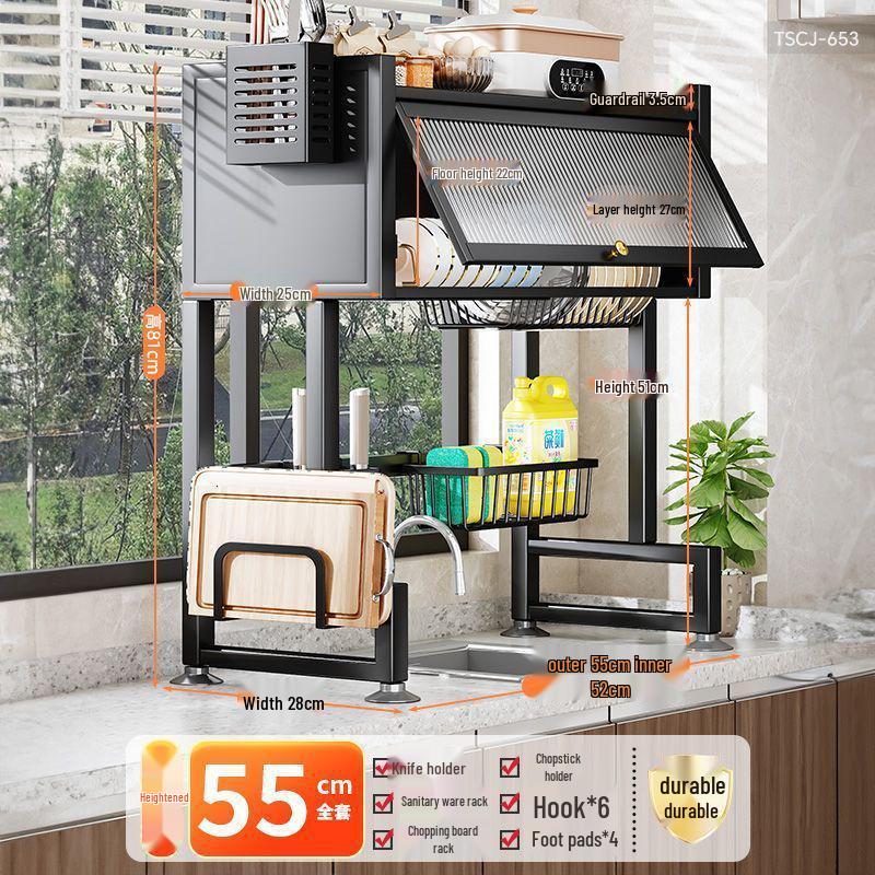 Multi-Functional Kitchen Storage Rack: Above-Sink Cupboard for Dustproof Dish, Bowl, and Chopstick Drainage