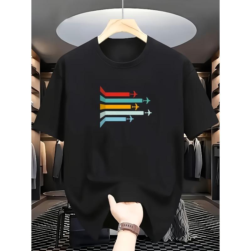 

Vibrant Travel Style: Colorful Airplane and Line Pattern Print White Casual Short Sleeve T-Shirt 4XL чорний