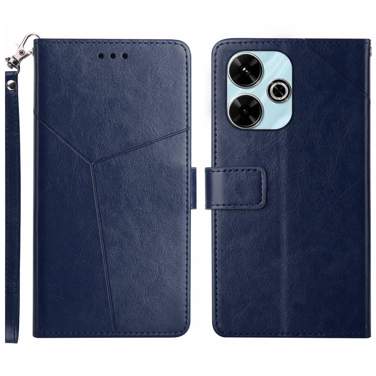 

Чехол для Xiaomi Redmi 13 5G/13 4G с ремешком на запястье, тиснение в виде Y-образных линий, кожаный чехол для телефона Blue