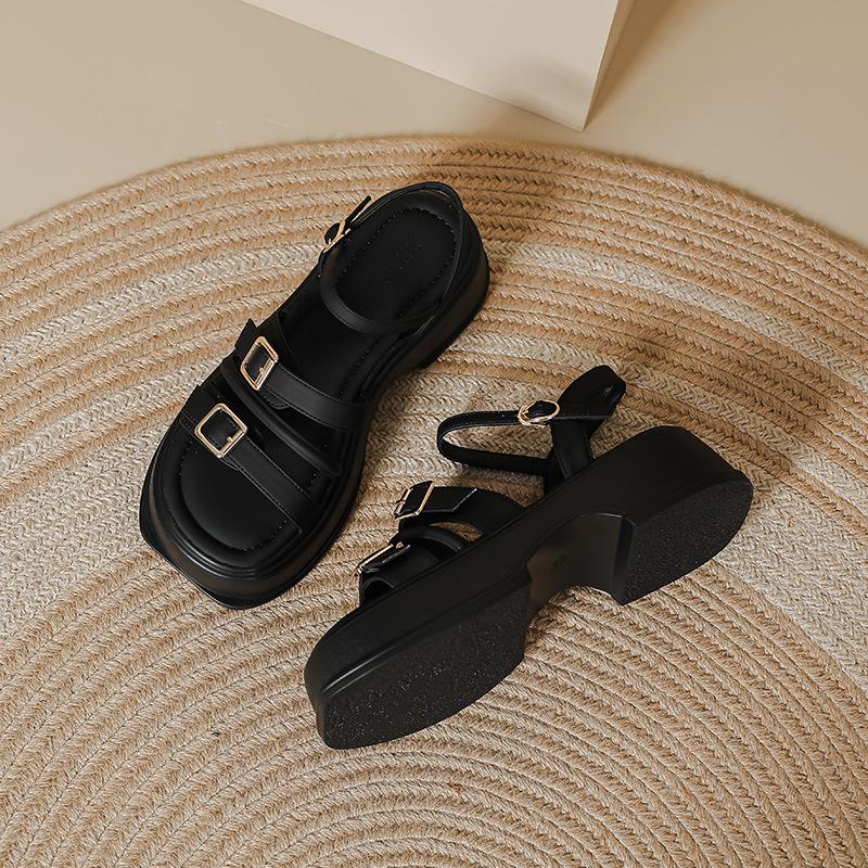 

Muffin sole sandals women s summer new thick sole one-word buckle bandwidth strip outer wear thick heel Roman shoes beach shoes 40 чёрный